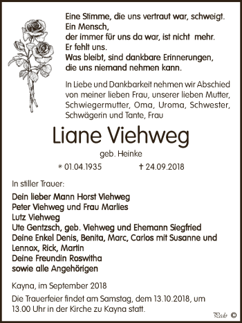 Traueranzeige von Liane Viehweg von Super Sonntag Zeitz