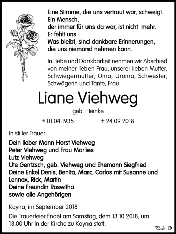 Traueranzeige von Liane Viehweg von Mitteldeutsche Zeitung Zeitz