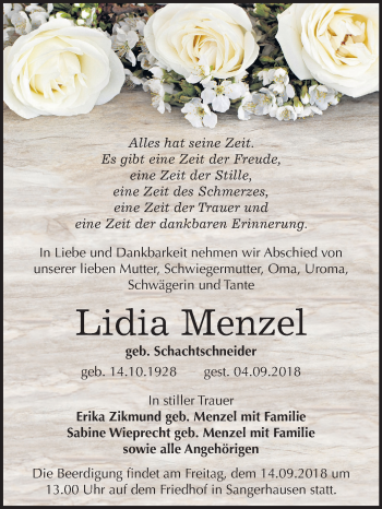 Traueranzeige von Lidia Menzel von Mitteldeutsche Zeitung