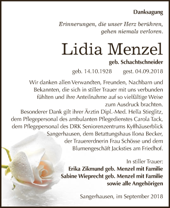 Traueranzeige von Lidia Menzel von Super Sonntag SGH Mansf. Land