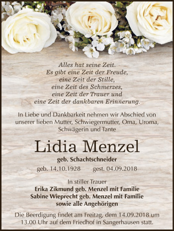 Traueranzeige von Lidia Menzel von Super Sonntag SGH Mansf. Land