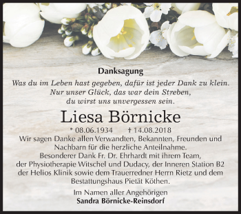 Traueranzeige von Liesa Börnicke von Mitteldeutsche Zeitung Köthen