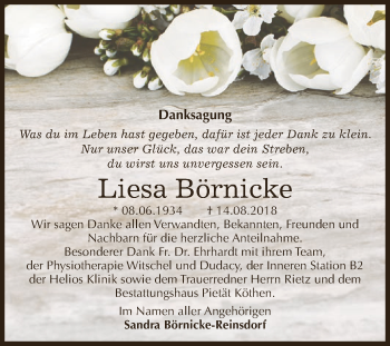 Traueranzeige von Liesa Börnicke von WVG - Wochenspiegel Dessau / Köthen