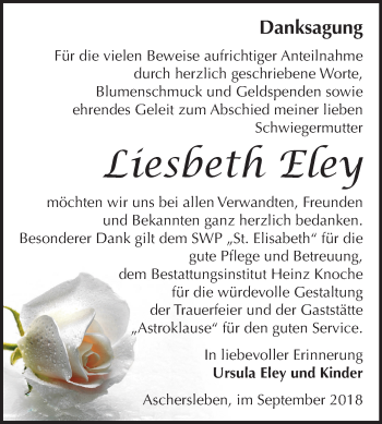 Traueranzeige von Liesbeth Eley von Mitteldeutsche Zeitung Aschersleben