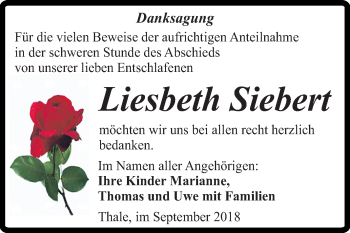 Traueranzeige von Liesbeth Siebert von Mitteldeutsche Zeitung Quedlinburg