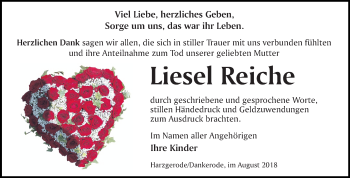 Traueranzeige von Liesel Reiche von Mitteldeutsche Zeitung Quedlinburg