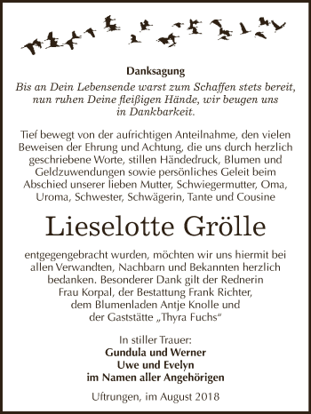 Traueranzeige von Lieselotte Grölle von Super Sonntag SGH Mansf. Land