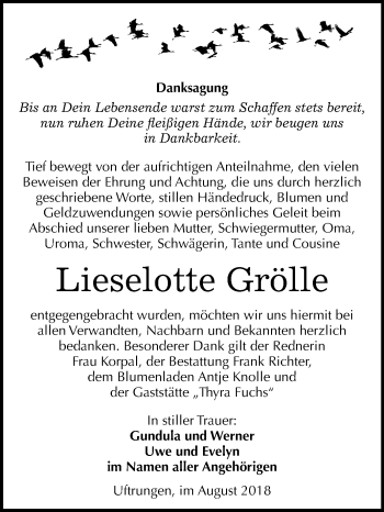 Traueranzeige von Lieselotte Grölle von Mitteldeutsche Zeitung