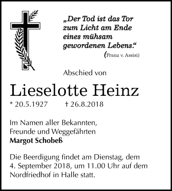 Traueranzeige von Lieselotte Heinz von Mitteldeutsche Zeitung Halle/Saalkreis