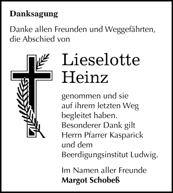 Traueranzeige von Lieselotte Heinz von Mitteldeutsche Zeitung Halle/Saalkreis
