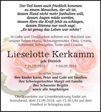 Traueranzeige von Lieselotte Kerkamm von Mitteldeutsche Zeitung Merseburg/Querfurt