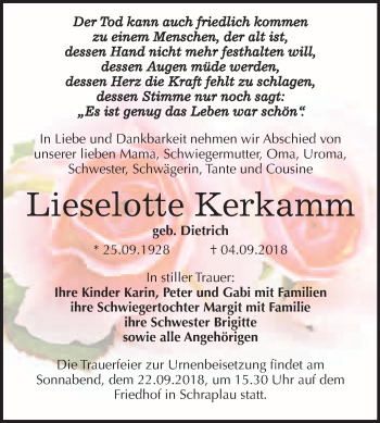 Traueranzeige von Lieselotte Kerkamm von WVG - Wochenspiegel Merseburg