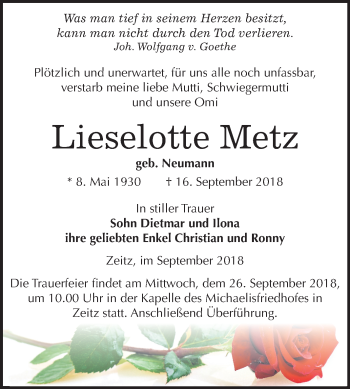 Traueranzeige von Lieselotte Metz von Mitteldeutsche Zeitung