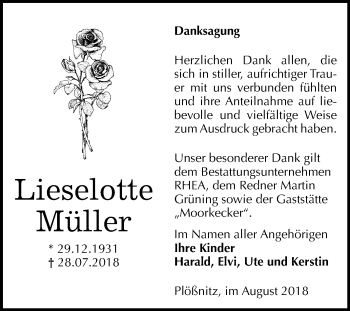 Traueranzeige von Lieselotte Müller von Mitteldeutsche Zeitung Halle/Saalkreis