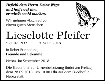 Traueranzeige von Lieselotte Pfeifer von Mitteldeutsche Zeitung
