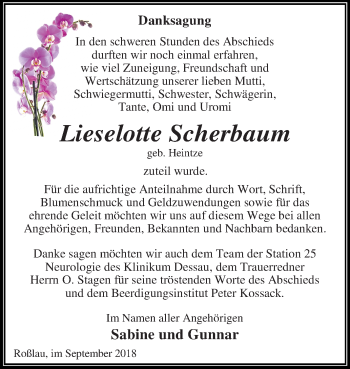 Traueranzeige von Lieselotte Scherbaum von Mitteldeutsche Zeitung Dessau-Roßlau