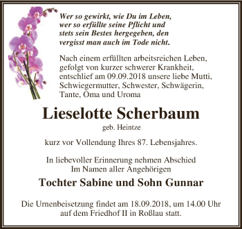 Traueranzeige von Lieselotte Scherbaum von WVG - Wochenspiegel Dessau / Köthen