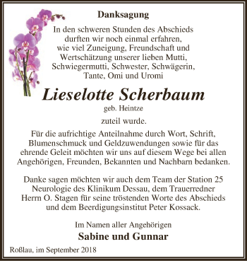 Traueranzeige von Lieselotte Scherbaum von WVG - Wochenspiegel Dessau / Köthen