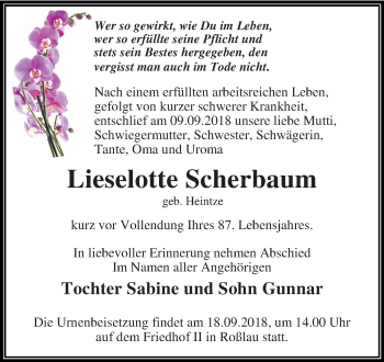 Traueranzeige von Lieselotte Scherbaum von Mitteldeutsche Zeitung Dessau-Roßlau