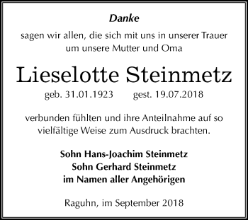 Traueranzeige von Lieselotte Steinmetz von Mitteldeutsche Zeitung Bitterfeld
