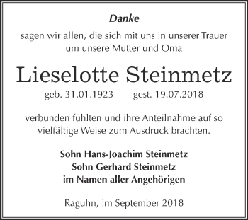 Traueranzeige von Lieselotte Steinmetz von WVG - Wochenspiegel Bitterfeld