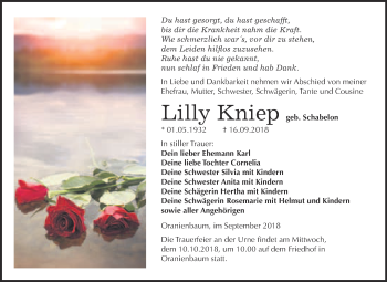 Traueranzeige von Lilly Kniep von WVG - Wochenspiegel Wittenberg