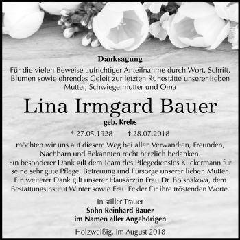 Traueranzeige von Lina Irmgard Bauer von Mitteldeutsche Zeitung Bitterfeld