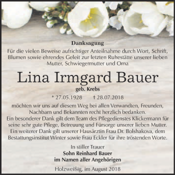 Traueranzeige von Lina Irmgard Bauer von WVG - Wochenspiegel Bitterfeld