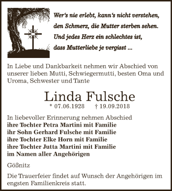 Traueranzeige von Linda Fulsche von WVG - Wochenspiegel NMB / WSF / ZTZ