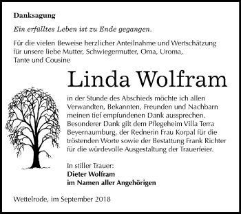 Traueranzeige von Linda Wolfram von Mitteldeutsche Zeitung Sangerhausen