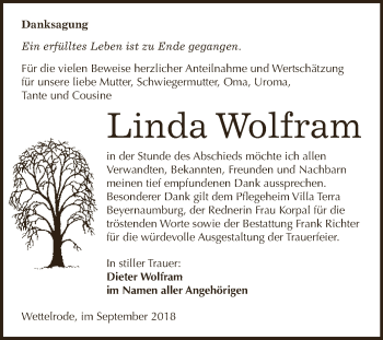 Traueranzeige von Linda Wolfram von Super Sonntag SGH Mansf. Land