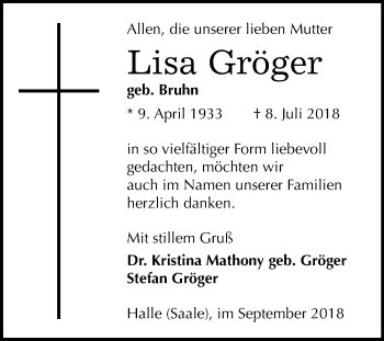 Traueranzeige von Lisa Gröger von Mitteldeutsche Zeitung Halle/Saalkreis