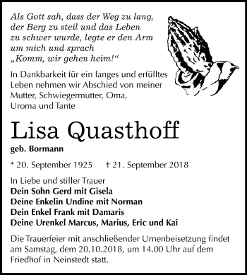 Traueranzeige von Lisa Quasthoff von Mitteldeutsche Zeitung