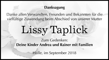 Traueranzeige von Lissy Taplick von Mitteldeutsche Zeitung Halle/Saalkreis
