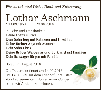 Traueranzeige von Lothar Aschmann von WVG - Wochenspiegel NMB / WSF / ZTZ
