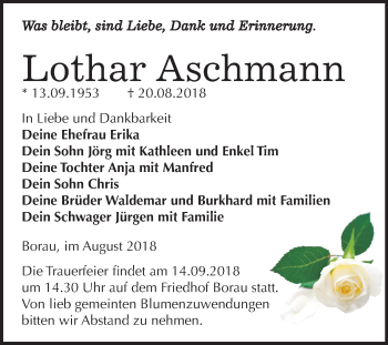Traueranzeige von Lothar Aschmann von Mitteldeutsche Zeitung Weißenfels