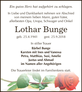 Traueranzeige von Lothar Bunge von WVG - Wochenspiegel Dessau / Köthen