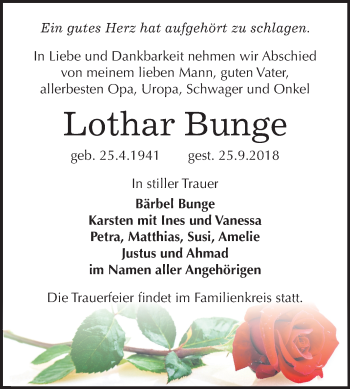 Traueranzeige von Lothar Bunge von Mitteldeutsche Zeitung