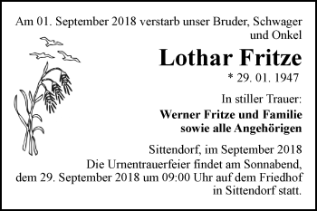 Traueranzeige von Lothar Fritze von Mitteldeutsche Zeitung
