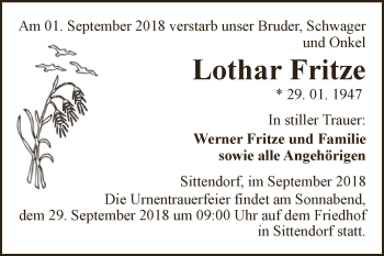 Traueranzeige von Lothar Fritze von Super Sonntag SGH Mansf. Land