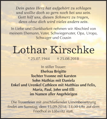 Traueranzeige von Lothar Kirschke von WVG - Wochenspiegel Bitterfeld