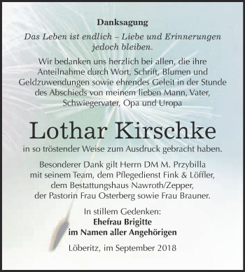 Traueranzeige von Lothar Kirschke von WVG - Wochenspiegel Bitterfeld