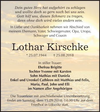 Traueranzeige von Lothar Kirschke von Mitteldeutsche Zeitung Bitterfeld
