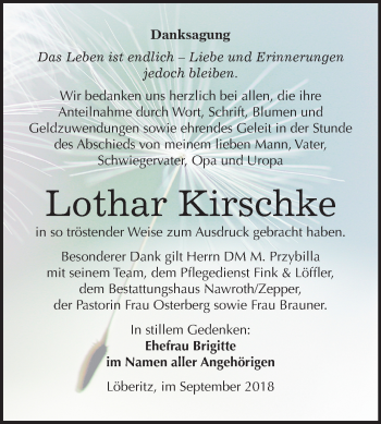 Traueranzeige von Lothar Kirschke von Mitteldeutsche Zeitung Bitterfeld
