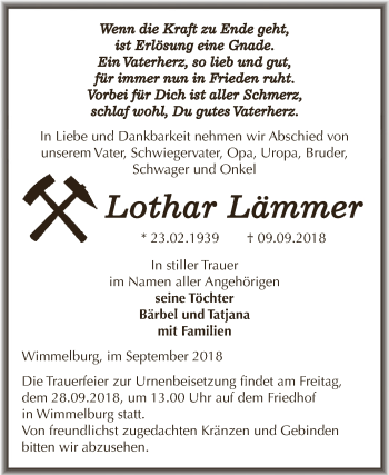 Traueranzeige von Lothar Lämmer von Wochenspiegel Mansfelder Land
