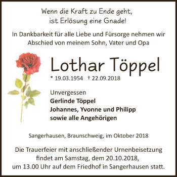 Traueranzeige von Lothar Töppel von Super Sonntag SGH Mansf. Land
