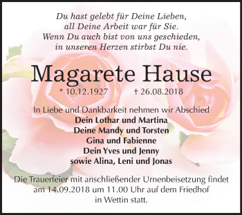 Traueranzeige von Magarete Hause von Mitteldeutsche Zeitung Halle/Saalkreis