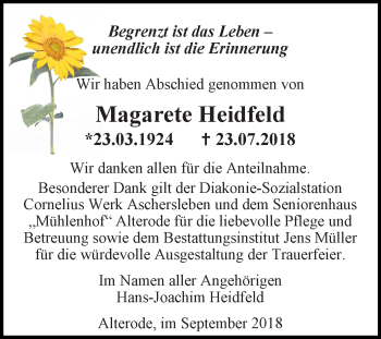 Traueranzeige von Magarete Heidfeld von Mitteldeutsche Zeitung Aschersleben