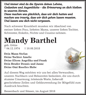 Traueranzeige von Mandy Barthel von Mitteldeutsche Zeitung Weißenfels