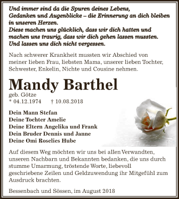 Traueranzeige von Mandy Barthel von WVG - Wochenspiegel NMB / WSF / ZTZ